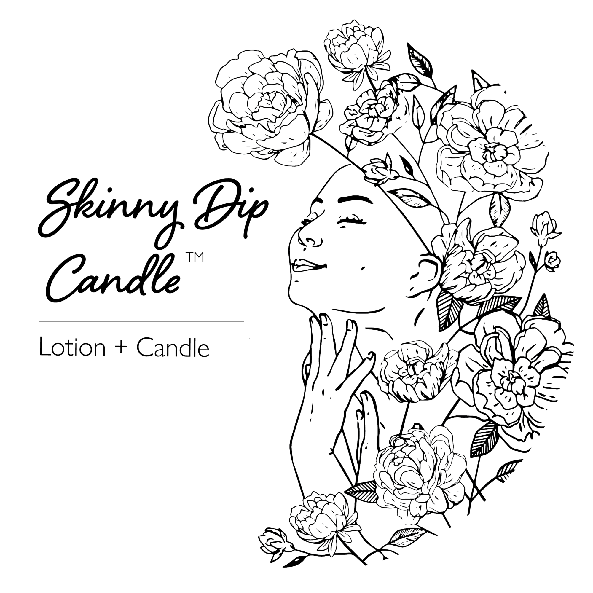 The logo is round with a naked woman standing in water with her back to the viewer. The text says Skinny Dip Candles, Go Skinny Dipping with the Candle that Pampers Your Skin.